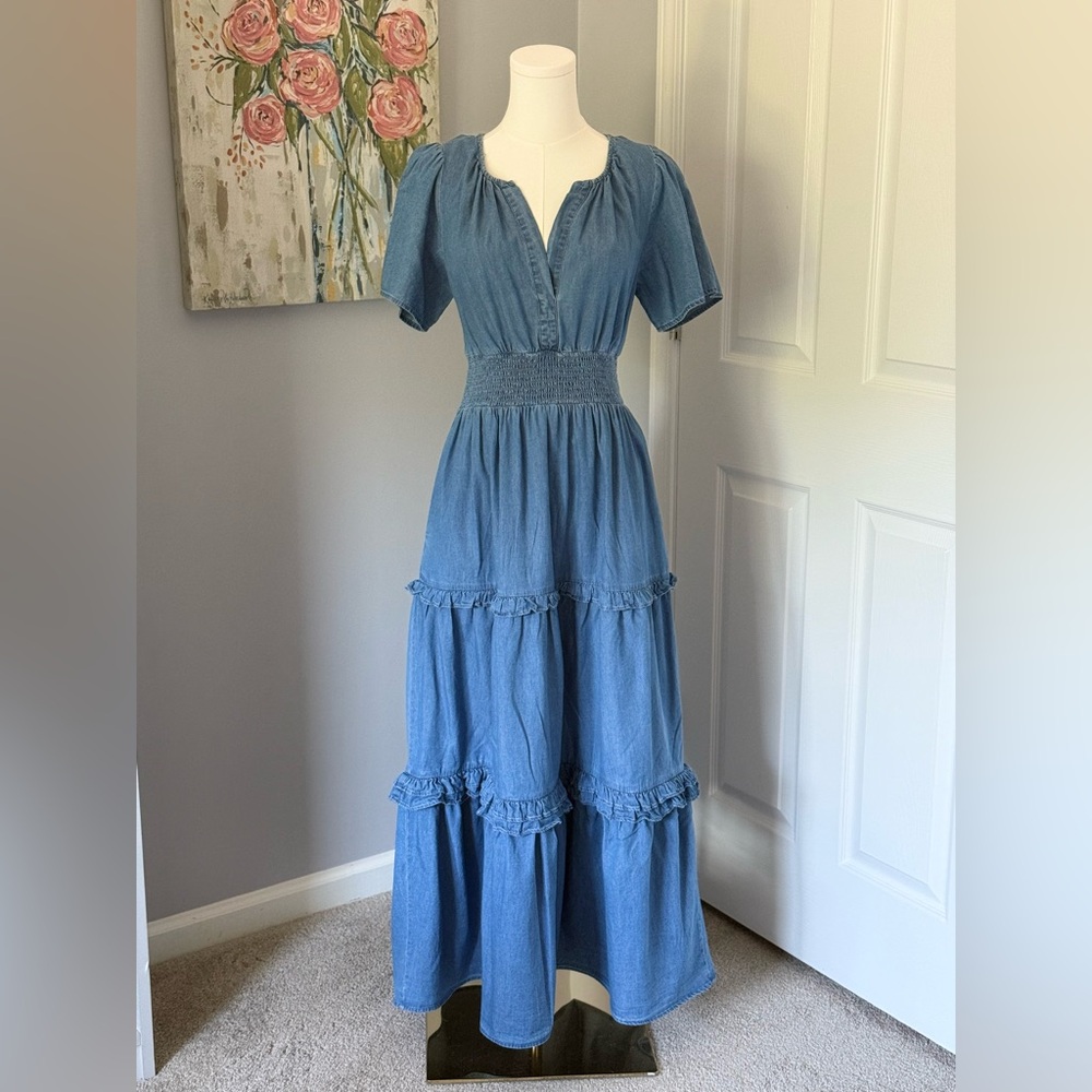 Boutique Chambray Tiered Maxi Dress - Size S